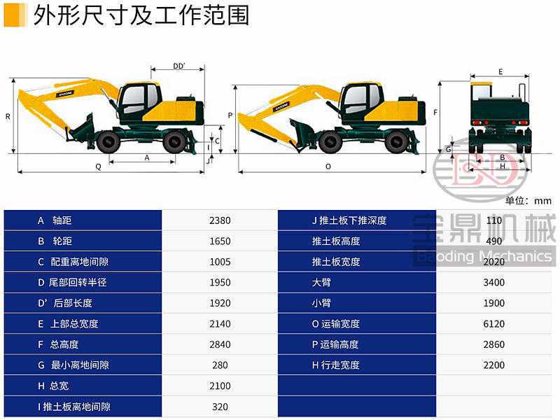 宝鼎80轮式挖掘机参数图A